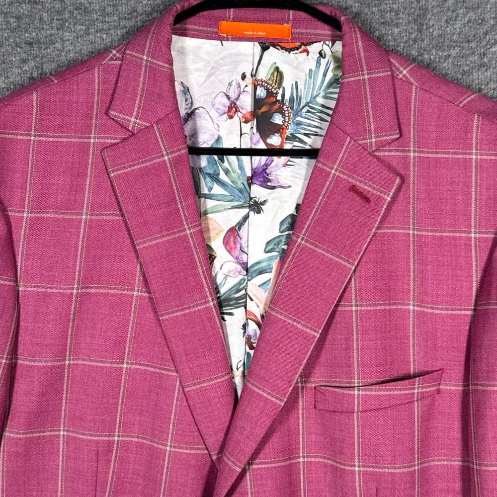 Tallia Blazer Mens 46R Pink Plaid Wool Blend Floral Butterfly Lining Sport Coat
